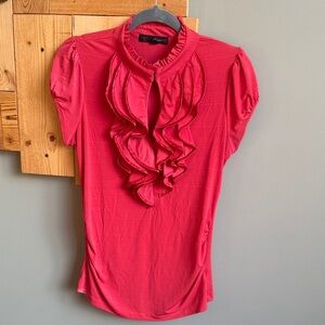 Pink Ruffle Front Short Sleeve Blouse